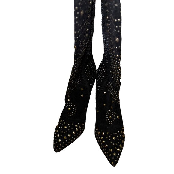 Black Studded High Heel Boots Mid Calf Size 10 Stiletto Beyonce Cowboy Sexy Y2k - Picture 7 of 9